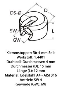 Bemassung Klemmstopper edelstahl 4mm