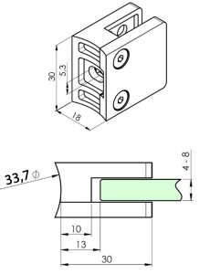 Maßblatt Glashalter Edelstahl 30x30 mm - 33,7 mm