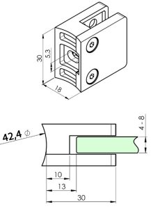 Maße Glashalter Edelstahl 30x30 mm - 42,4 mm