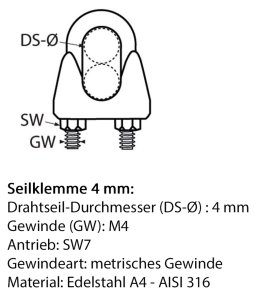 Seilklemme Edelstahl 4 mm - Datenblatt